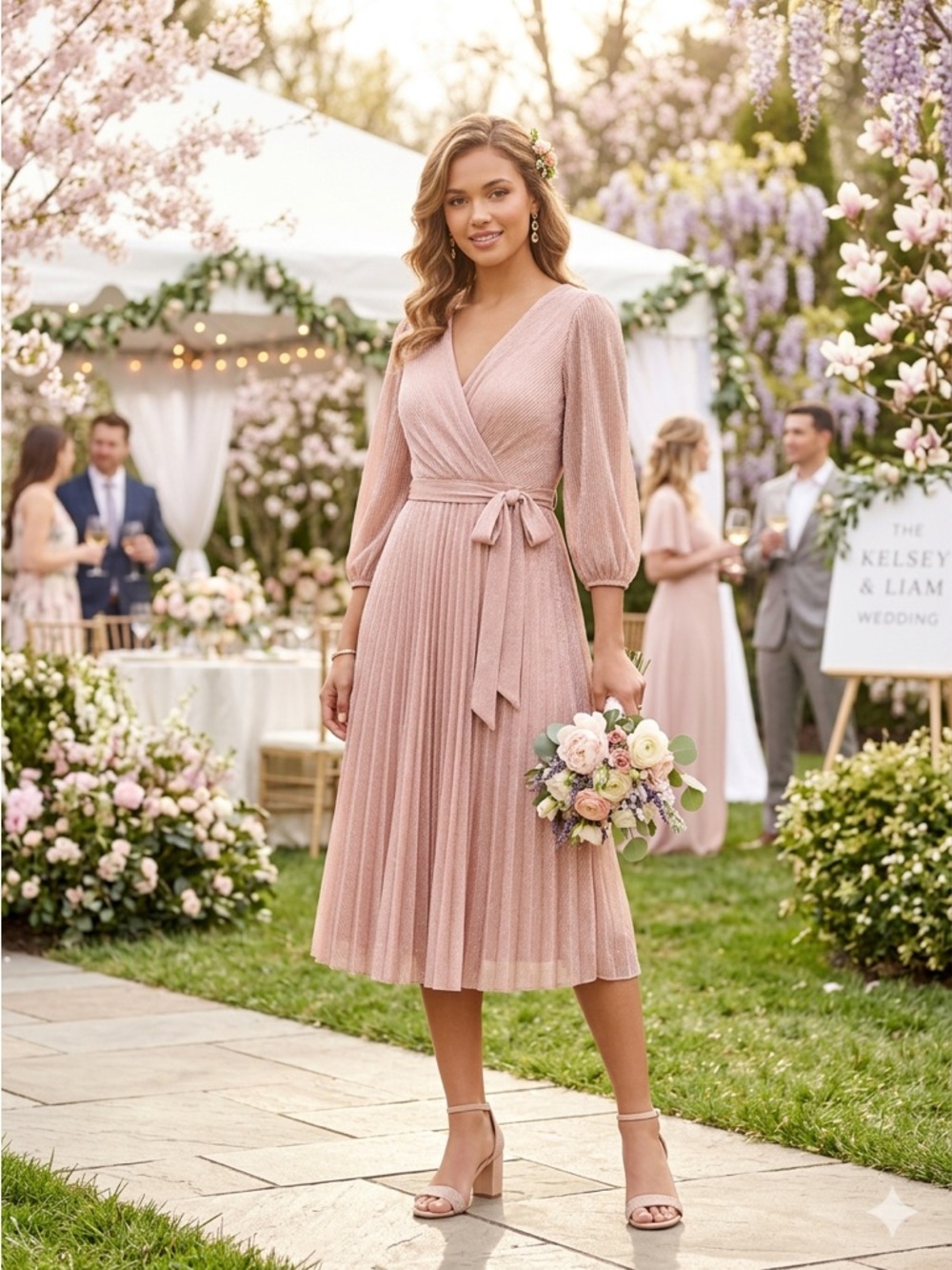 SHEIN Pink Champagne Glitter Pleated Midi Dress - VGUC
